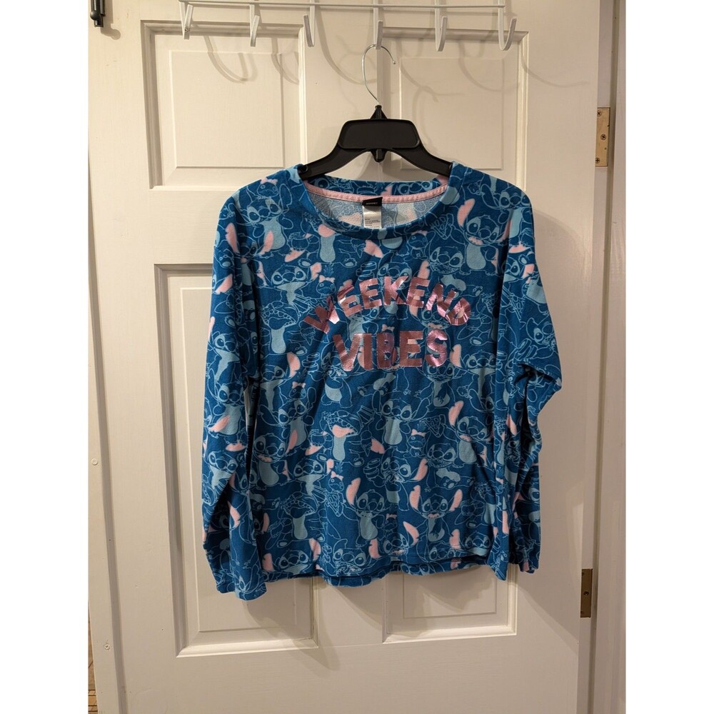 Disney Stitch Weekend Vibes Pajama Top Women's M 8-10 Blue Pink Fleece